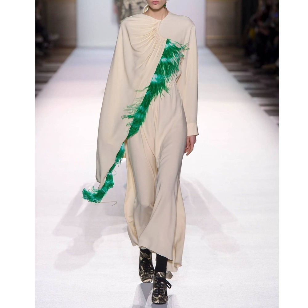 Dries Van Noten FW 2018 Runway Look 28 Feather Draped Maxi Dress Ivory